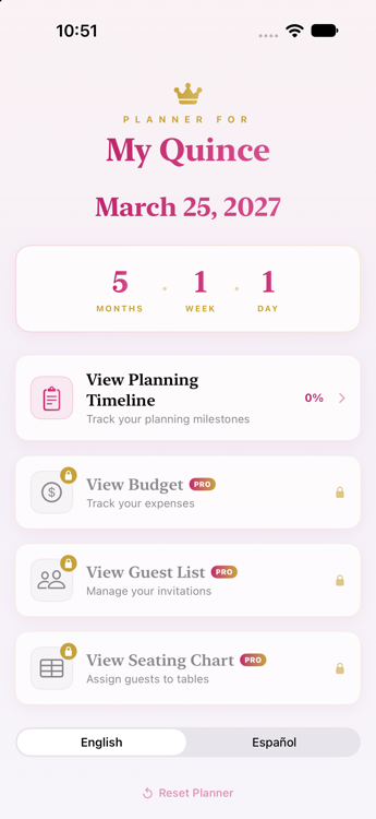 MyQuince app home screen showing event countdown and planning features